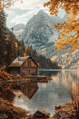 Fototapeta premium A beautiful autumn landscape with mountains, forests, and an old wooden house by the lake. The colors of fall in all their glory. Oil painting style