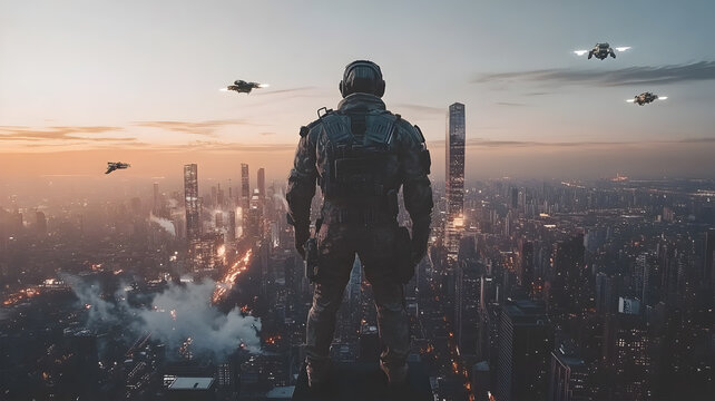 Futuristic Soldier in Advanced Exoskeleton Armor