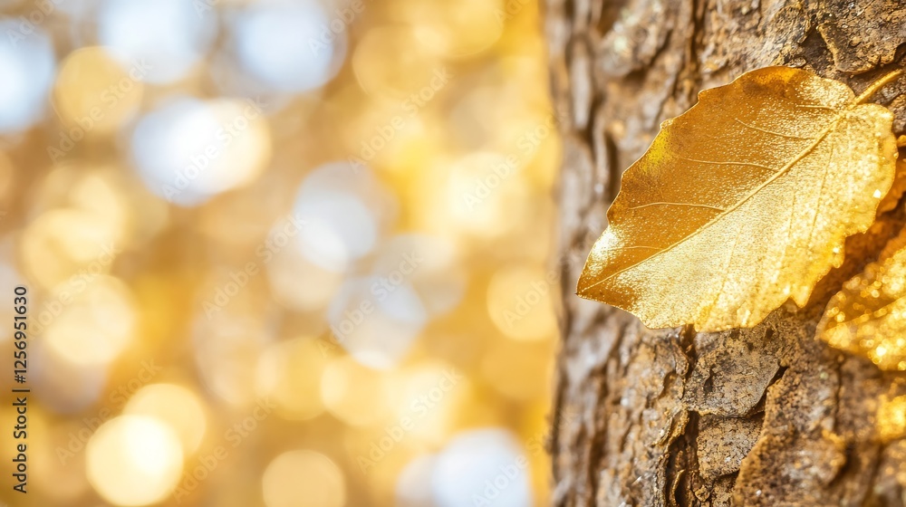 Aufkleber Close up of a golden leaf on a tree trunk with bokeh background in autumn nature : Generative AI