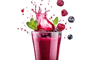 A vibrant berry smoothie splashes from a glass, showcasing freshness and vitality.