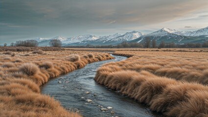 serene scene of a winding stream cutting through a field of golden-brown grass. The sky is overcast, casting a soft, diffused light over the landscape. 