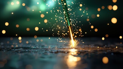 A close-up of a sparkler igniting, emitting bright sparks and glowing particles against a blurred greenish background.
