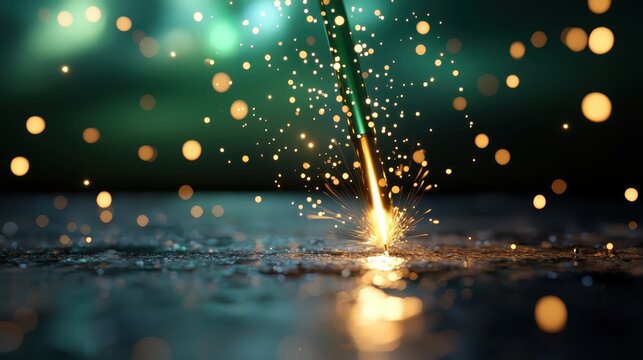 A close-up of a sparkler igniting, emitting bright sparks and glowing particles against a blurred greenish background.