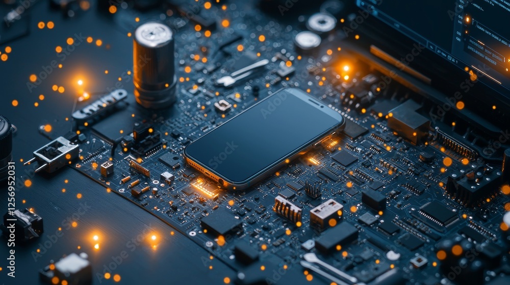 Poster smartphone technology revolutionizing communication digital circuit board electronics high-tech envi
