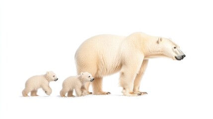Fototapeta premium A polar bear and her two cubs walking together on a white background, showcasing their natural bond