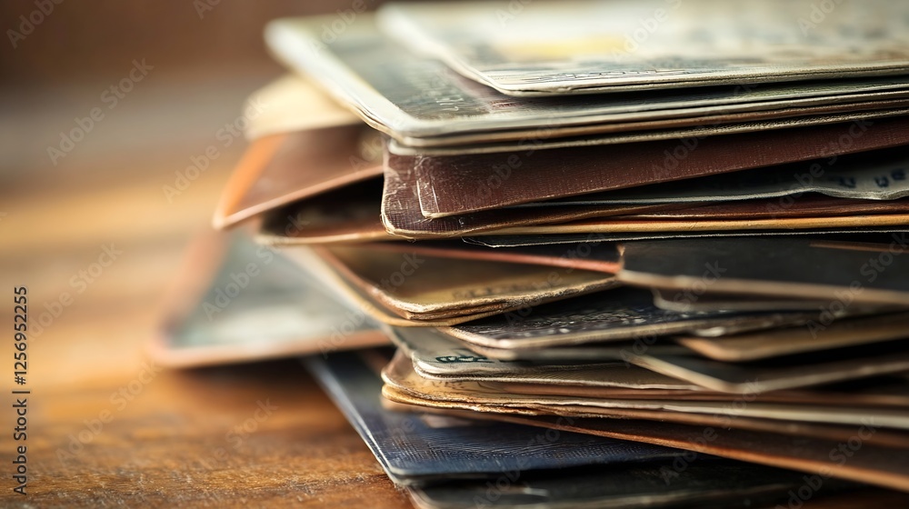Poster Stacked collection of old leather wallets and passports displayed on a rustic wooden table : Generative AI