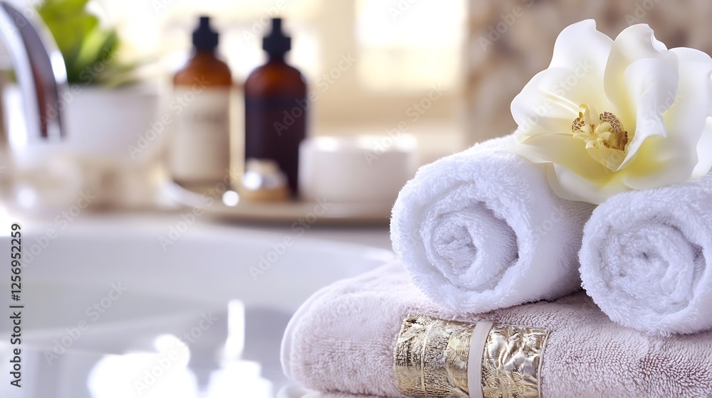 Poster luxury bathroom setup with soft towels and spa accessories for relaxation and comfort : generative a