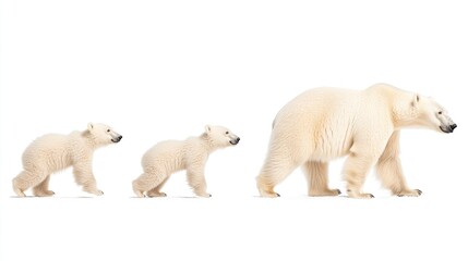A mother polar bear walking with her two playful cubs against a white background