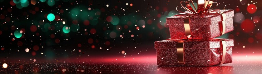 Stacked Red Glitter Christmas Presents With Bokeh Effect