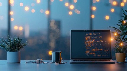 Coding session modern office digital workspace urban environment nighttime view tech innovation for enhanced productivity