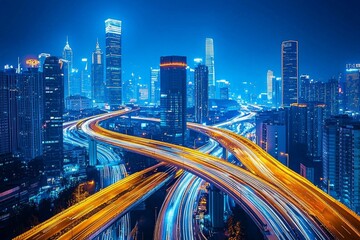 Obraz premium A cityscape at night, illuminated by neon lights and skyscrapers with busy streets below. A futuristic highway winds through the urban landscape, showcasing advanced technology