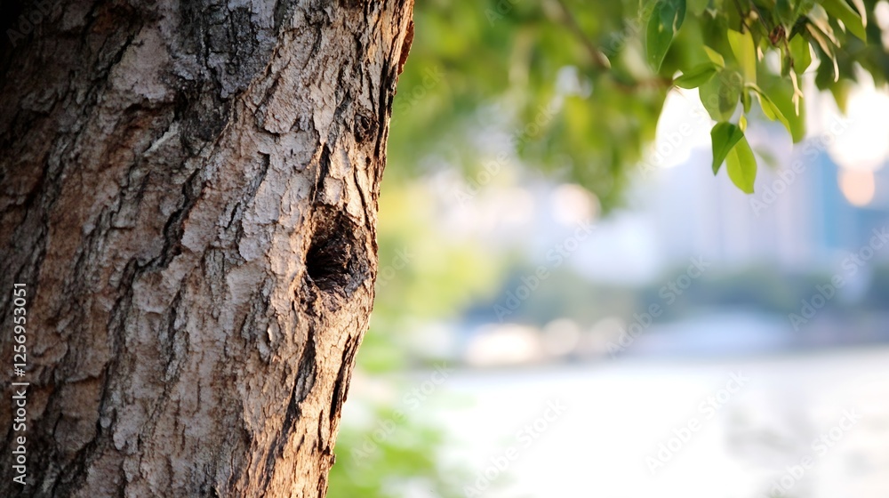 Poster Natural closeup view of a textured tree trunk with soft sunlight in a serene environment : Generative AI