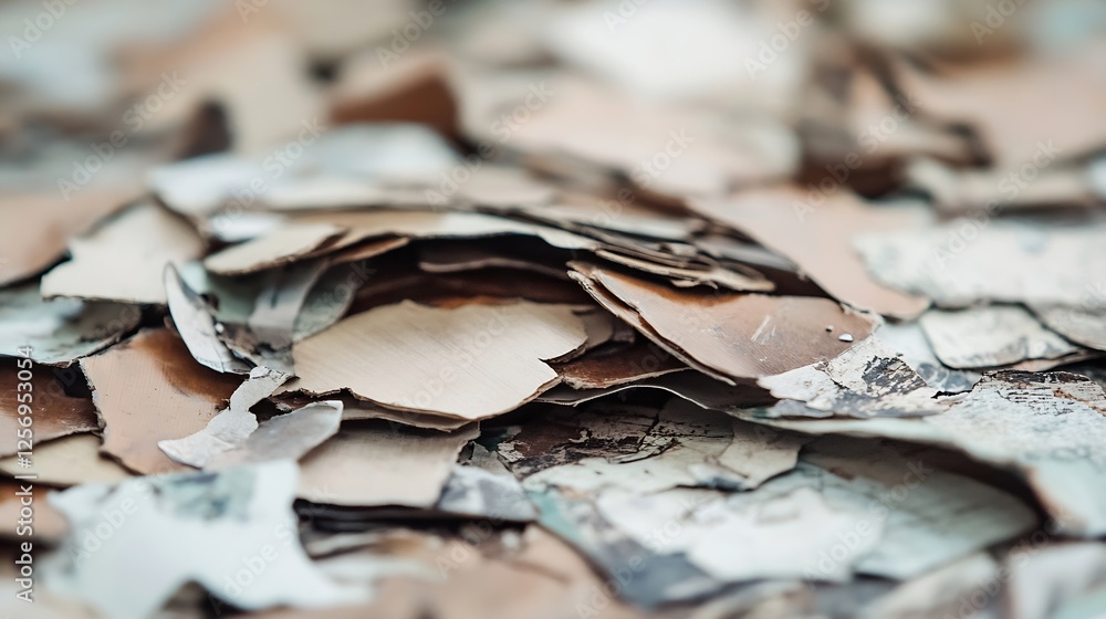 Poster Closeup View of Layered and Torn Shredded Paper with Vintage Print Patterns on Surface : Generative AI