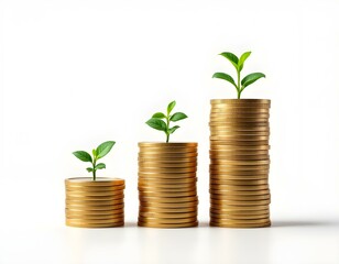 Growing Money Plant on Gold Coins Stacks Financial Investment Growth