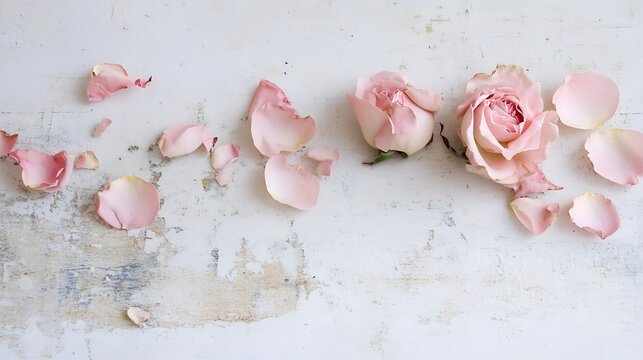 Delicate pink rose petals scattered around a whole blooming rose on a rustic background : Generative AI