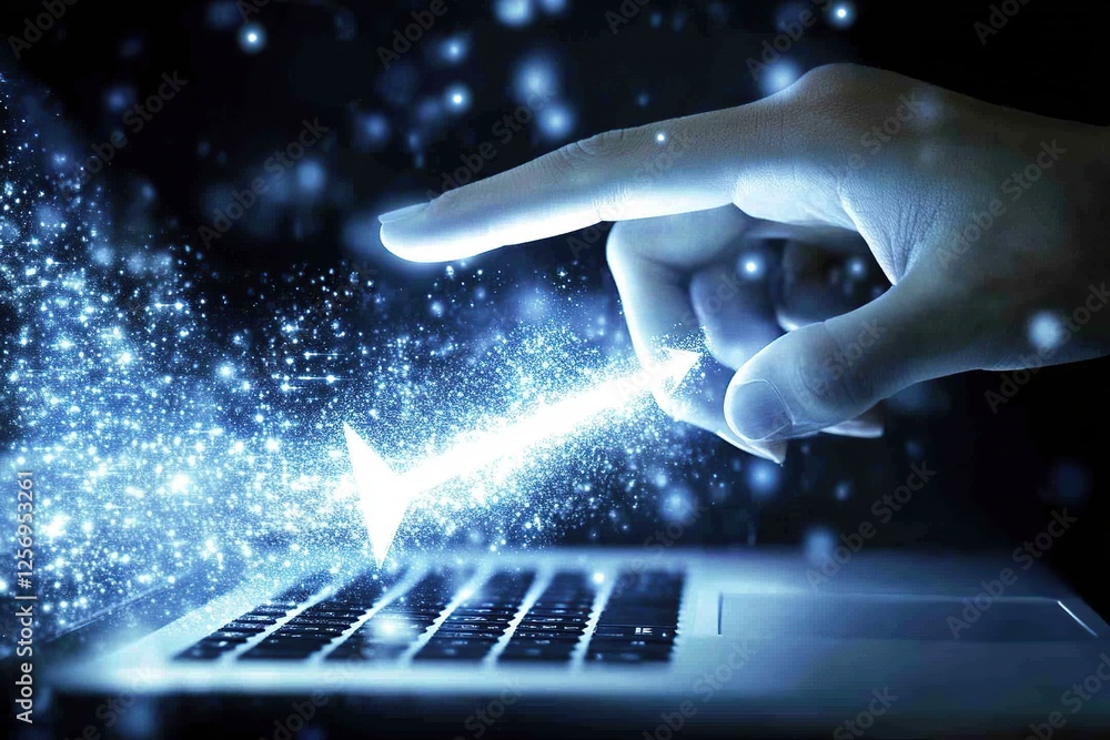 Poster fingertip innovation: creating digital magic on laptop, transforming data into sparkling arrow of pr