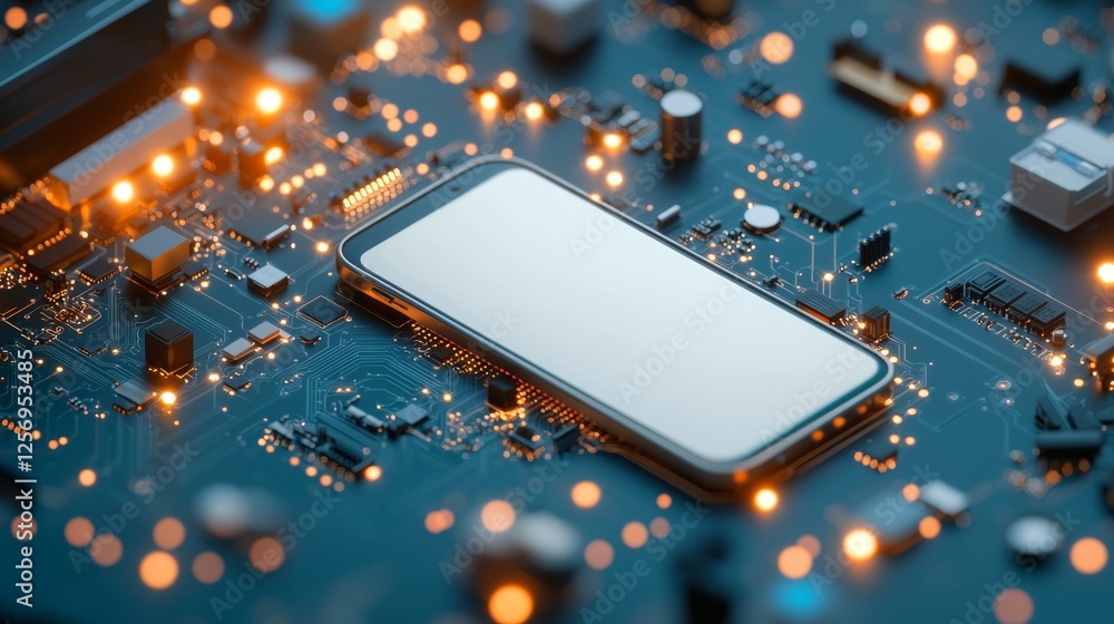 Poster exploring innovative smartphone technology on a high-tech circuit board digital electronics modern e