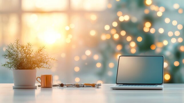 Morning workstation setup with laptop cozy home office warm lighting peaceful environment close-up view productive vibes for enhanced focus