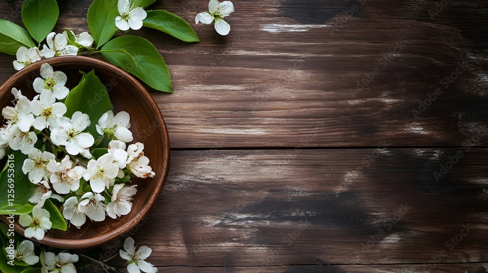 Poster delicate white blossoms arranged in a wooden bowl on rustic table adorned with greenery : generative
