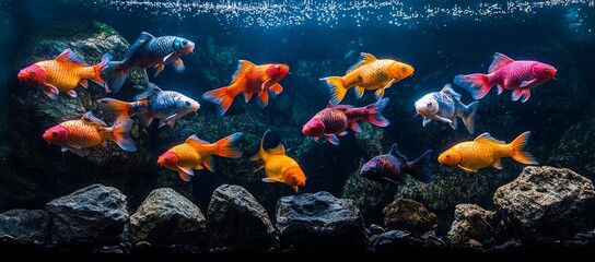 Fototapeta premium Colorful Koi fish swim in aquarium, rocks background, aquatic scene, home decor