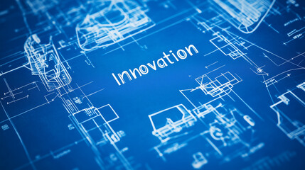 A minimalist blueprint with "Innovation" written in the margins