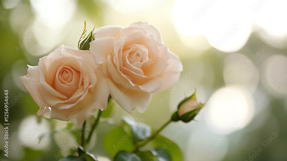 Poster Delicate Peach Roses with Gentle Bokeh Background Creating a Romantic and Serene Atmosphere : Generative AI