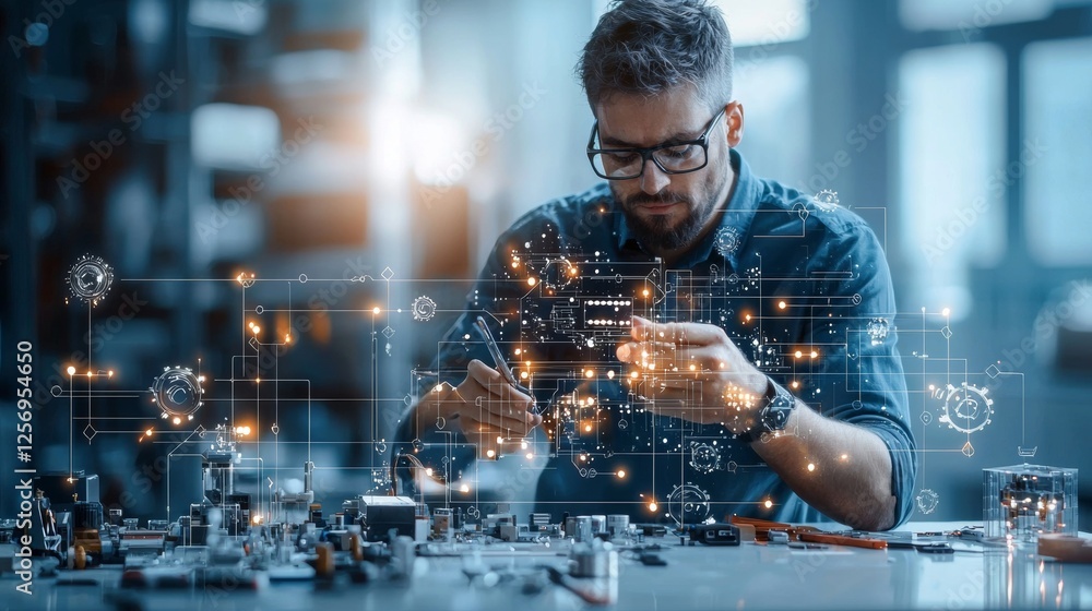 Poster innovative engineer working on advanced mechanical components at a modern tech workshop capturing th