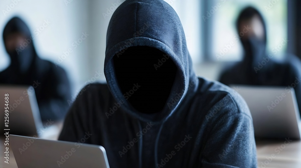 Poster Mysterious Shadowy Figure in Hooded Sweatshirt Working on Computer in Dark Space : Generative AI