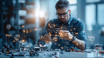Innovative engineer working on advanced mechanical components at a modern tech workshop capturing the fusion of technology and craftsmanship in a dynamic environment