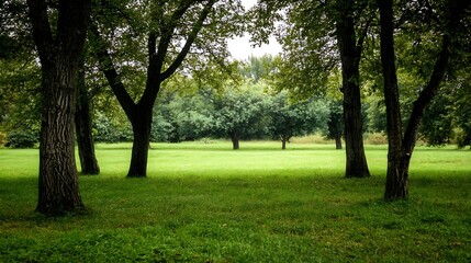 Fototapeta premium Serene landscape with lush green trees and open space showcasing the beauty of nature : Generative AI