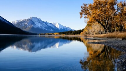Fototapeta premium Tranquil Mountain Lake Reflected in the Clear Blue Water Surrounded by Autumn Foliage : Generative AI