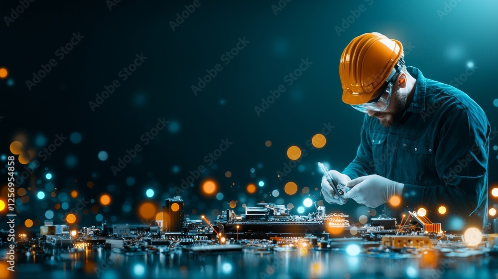 Poster tech innovator assembling circuit boards in a modern workshop futuristic environment close-up view e