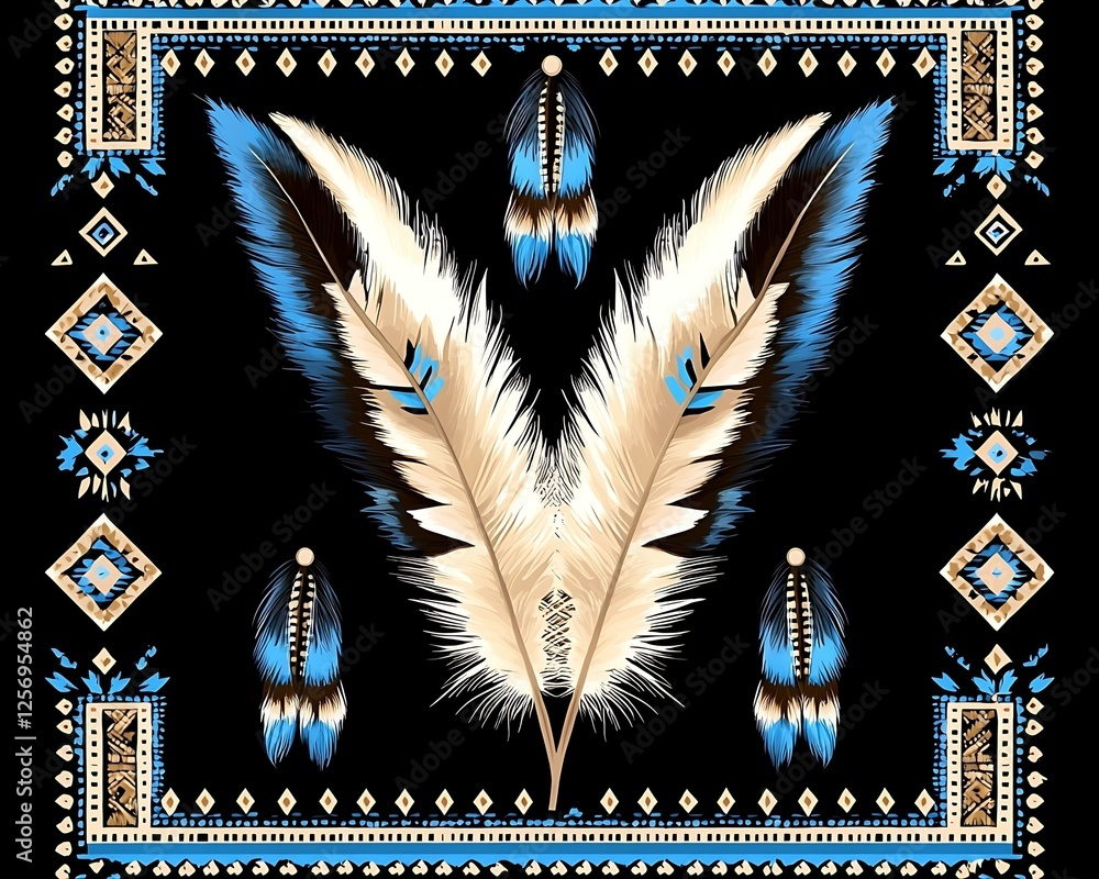 Poster chicano patterns elegant feather design with intricate patterns and bold colors on a black backgroun