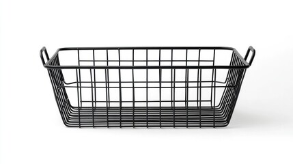 Black wire basket storage container, white background, home organization