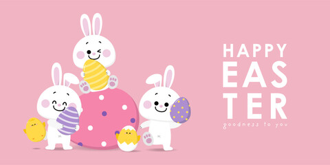 Happy Easter greeting card with cute yellow chick, colourful eggs, bunny and rabbit. Animal wildlife holiday cartoon character. -Vector.