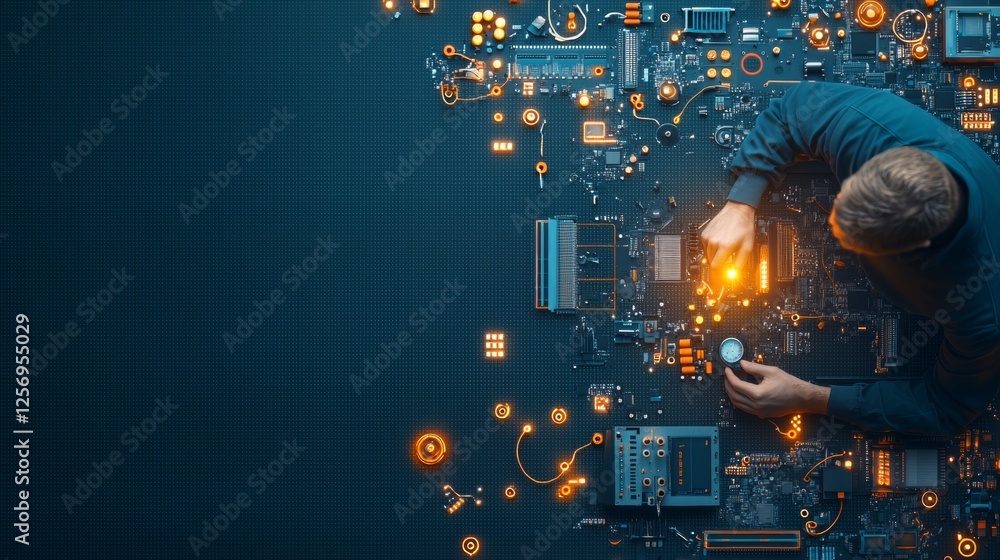 Poster innovative technology event showcasing circuit board assembly and repair techniques in a modern work