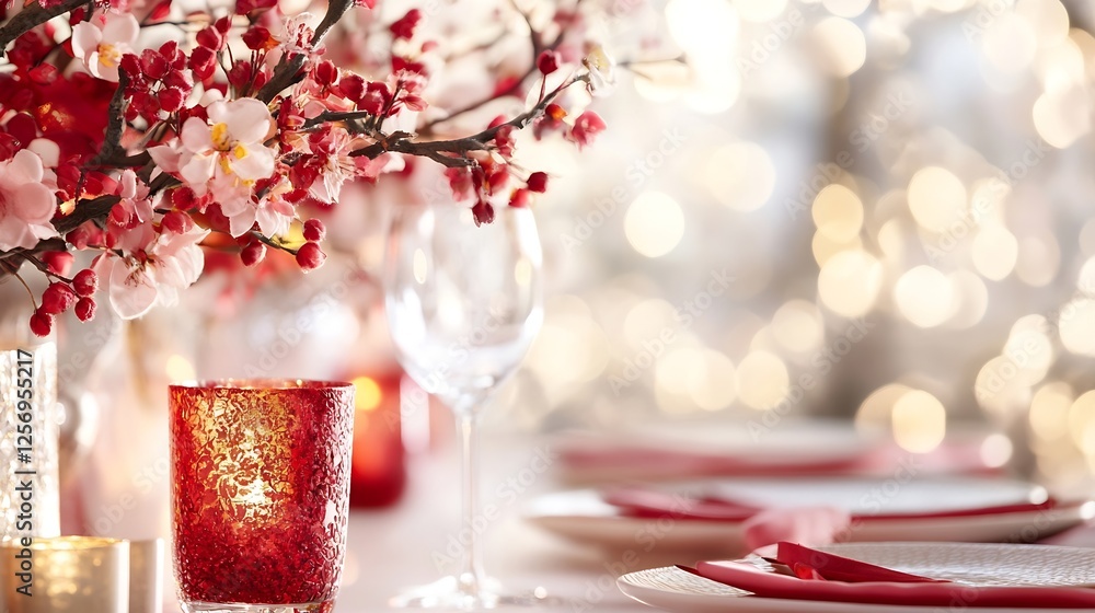Poster elegant table setup adorned with cherry blossoms and sparkling candlelight for a special occasion : 