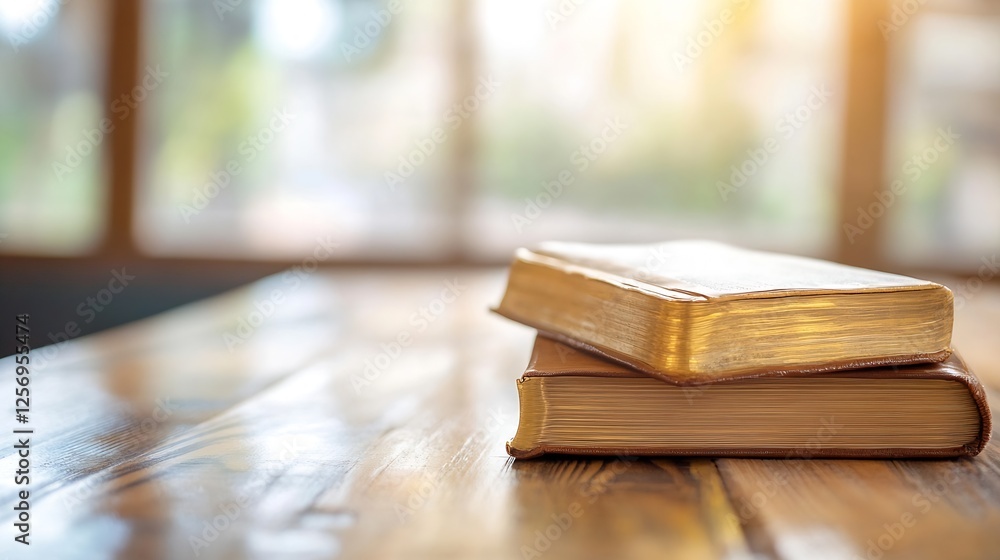 Poster Classic books stacked on a rustic wooden table emphasizing knowledge literature and the joy of reading in a warm environment : Generative AI