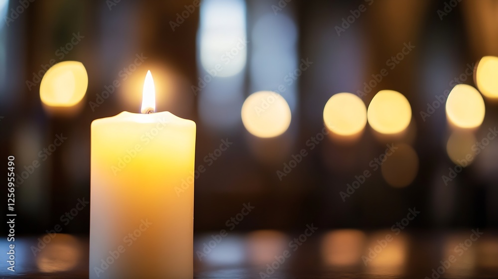Poster Serene close up of a burning candle with a soft glowing background creating a peaceful ambiance : Generative AI