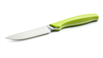 Fototapeta premium Green-handled knife on white background, cooking utensil
