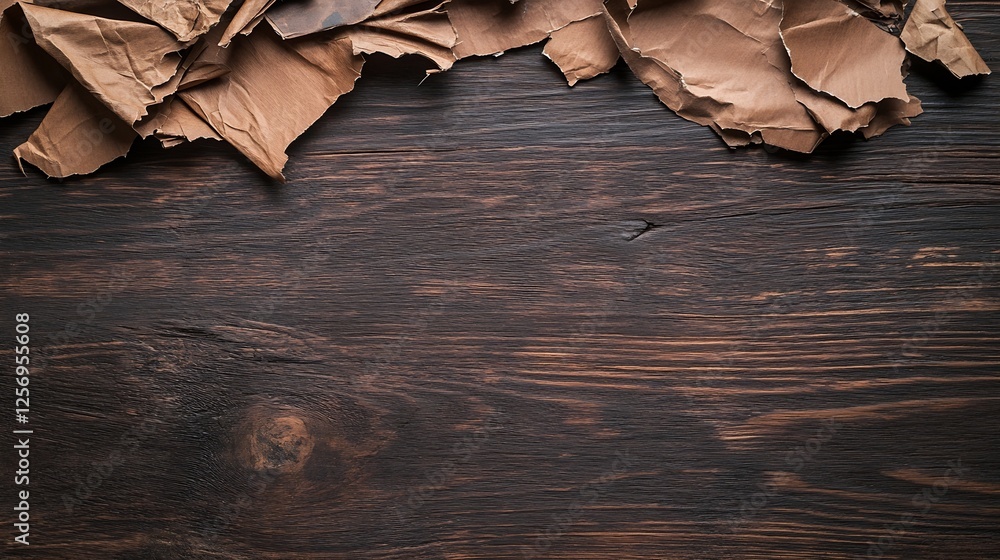 Poster Crumpled brown paper resting on a dark wooden background creating a rustic and natural aesthetic : Generative AI