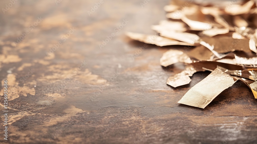 Poster closeup of shimmering metallic scraps on rustic wooden background for crafting inspiration : generat