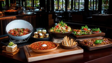 Fototapeta premium Variety of delicious food displayed on a buffet table with multiple dishes and vibrant colors