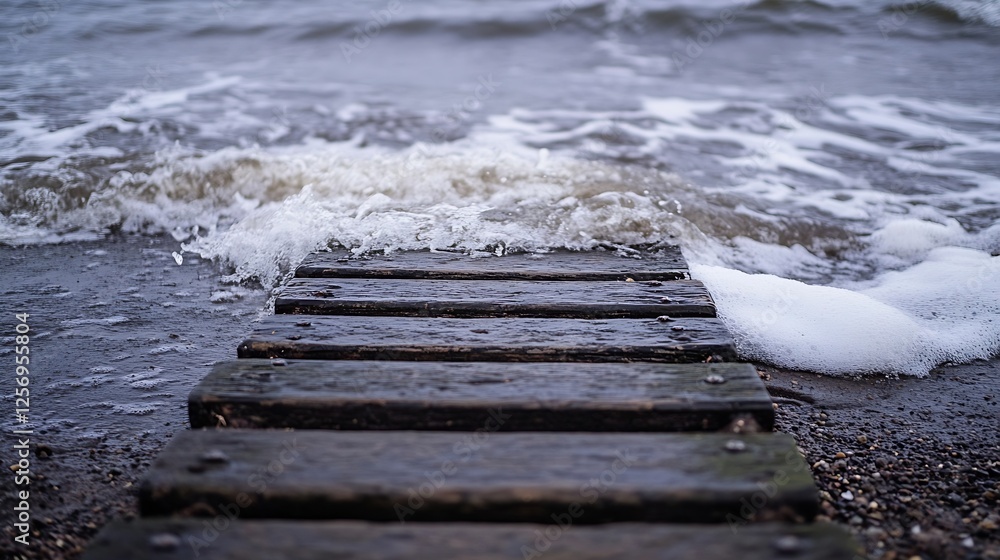 Poster wooden pier leading to the ocean with waves crashing on the shore : generative ai