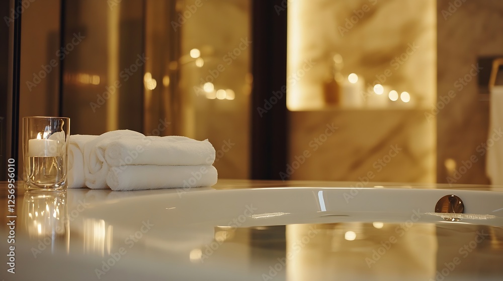 Poster Serene spalike bathroom with white towels and soft lighting creating a calming and luxurious retreat : Generative AI