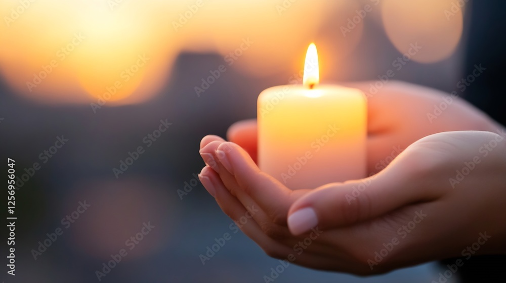 Aufkleber a serene image of a hand holding a glowing candle against a softly blurred background at dusk : gene