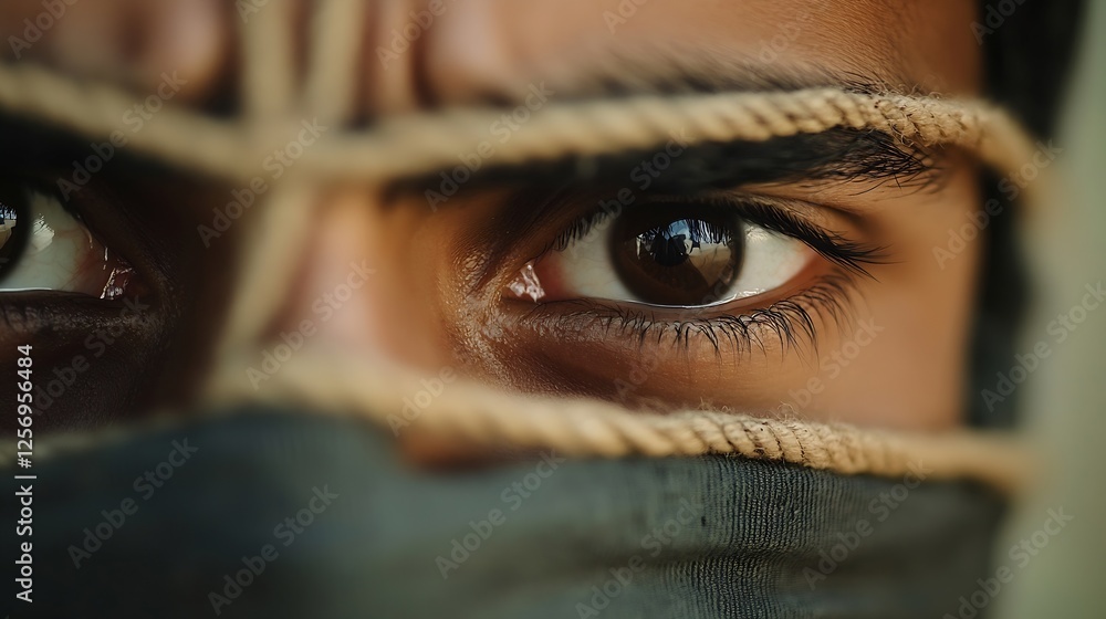 Poster intense close up of a person with expressive eyes partially covered conveying mystery and intrigue :