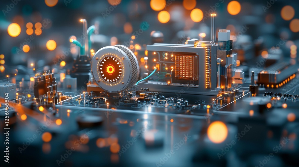 Poster innovative technology event showcasing advanced circuit designs modern tech hub digital art urban en