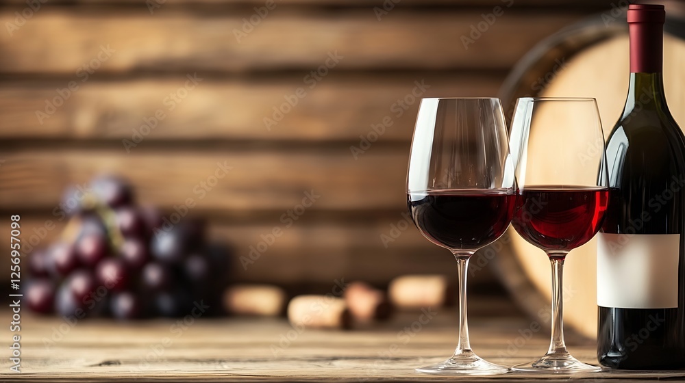 Poster two glasses of red wine with a bottle and grapes on a rustic wooden table : generative ai
