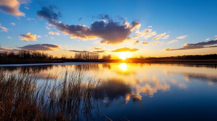 Stunning Sunset Reflection Over a Calm Lake with Vibrant Colors and Cloud Patterns : Generative AI